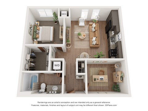 Floor plan for 1 bed, 1 bath, 751 sqft
